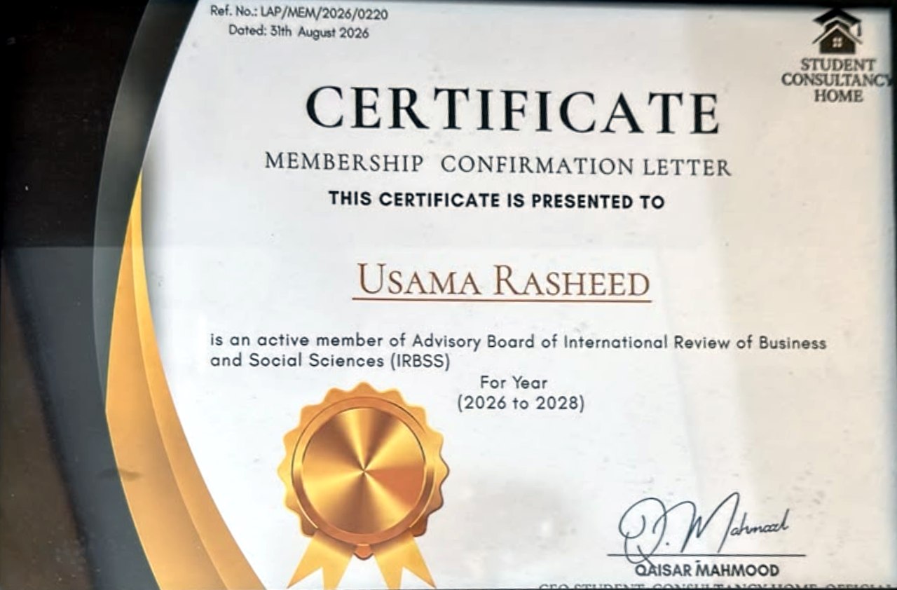 Membership confirmation certificate presented to Usama Rasheed for the Advisory Board of the International Review of Business and Social Sciences (IRBSS), 2026 to 2028