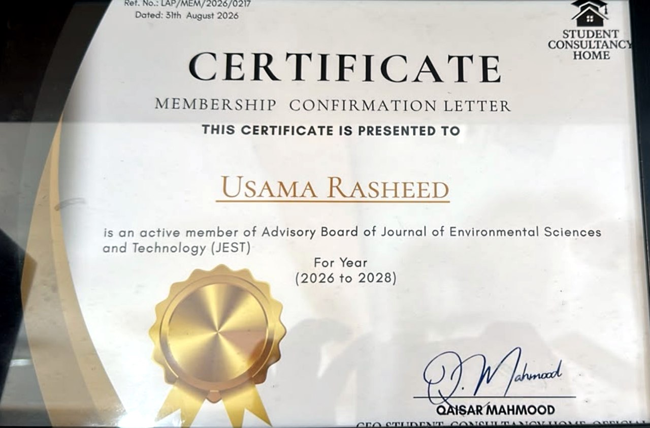 Membership confirmation certificate presented to Usama Rasheed for the Advisory Board of the Journal of Environmental Sciences and Technology (JEST), 2026 to 2028